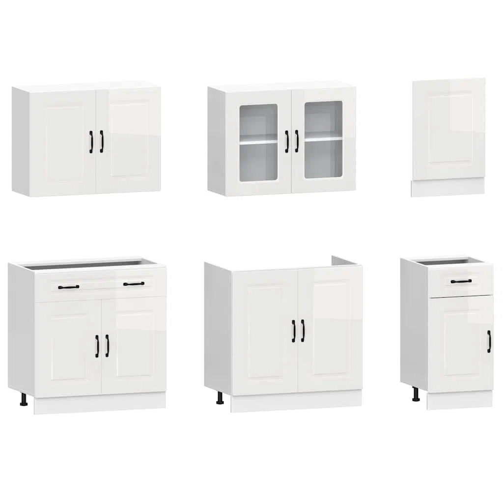 Kalmar - Set di 7 mobili da cucina in legno bianco lucido, molto spazio per cucina, vetrina, mobiletto sospeso, credenza, armadietto alto, cassettiera