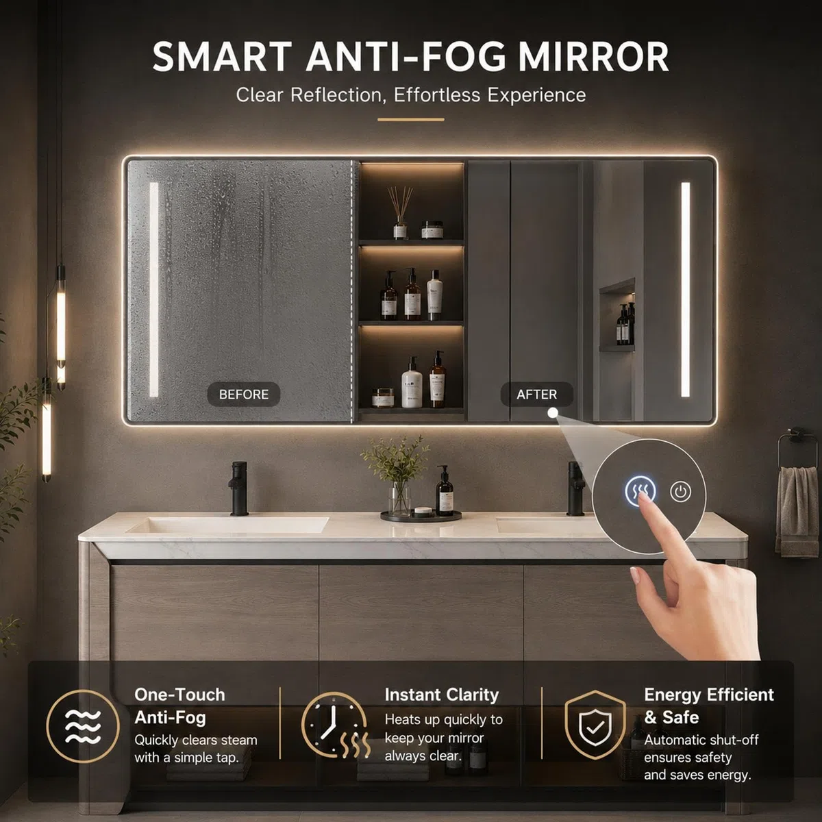 Mobile da bagno doppio da 228,6 cm con lavandino, mobiletto moderno autoportante in legno massello, specchio riscaldato intelligente, lavello in pietra, facile installazione, elegante e design