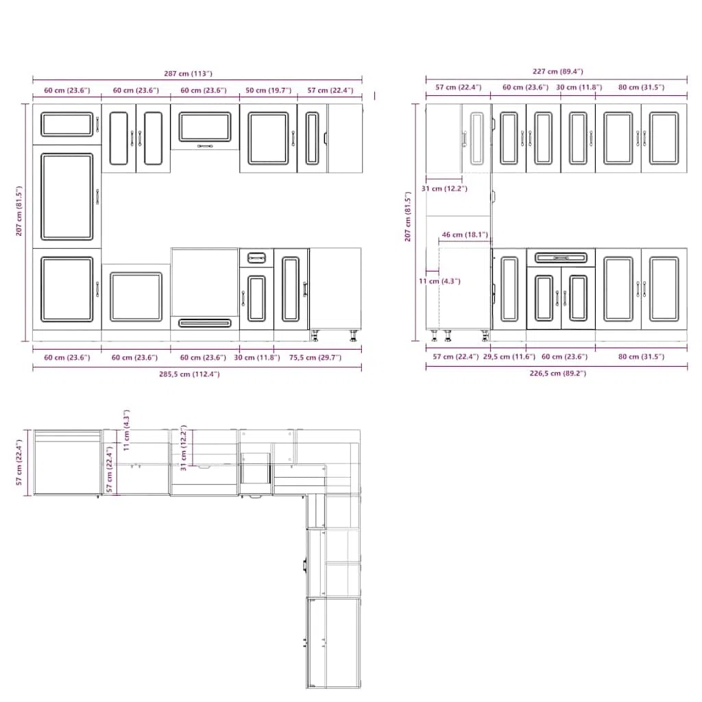 Set di 14 mobili da cucina Kalmar in effetto legno anticato, set di mobili da cucina modulari in legno, cucina completa con armadio ad angolo, pensile e armadio alto
