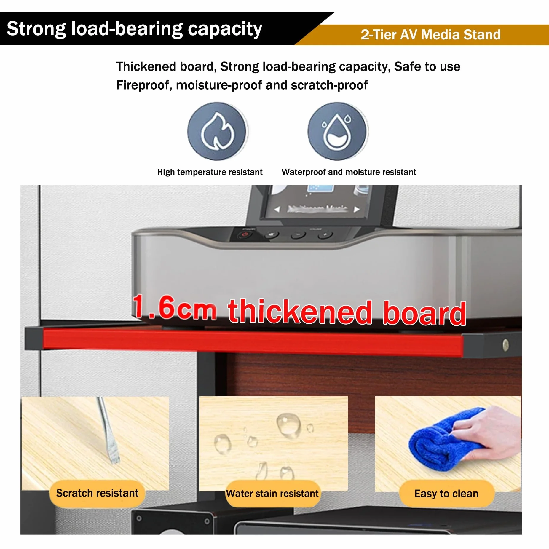 Pelliccia HiFi, Multi-AV nd con ruote, ripiani video a 2 livelli, supporto in legno Cact, supporto per ste, tavolo stampante per soggiorno, sala giochi, ufficio (teak, 50 x 40 x 50 cm)