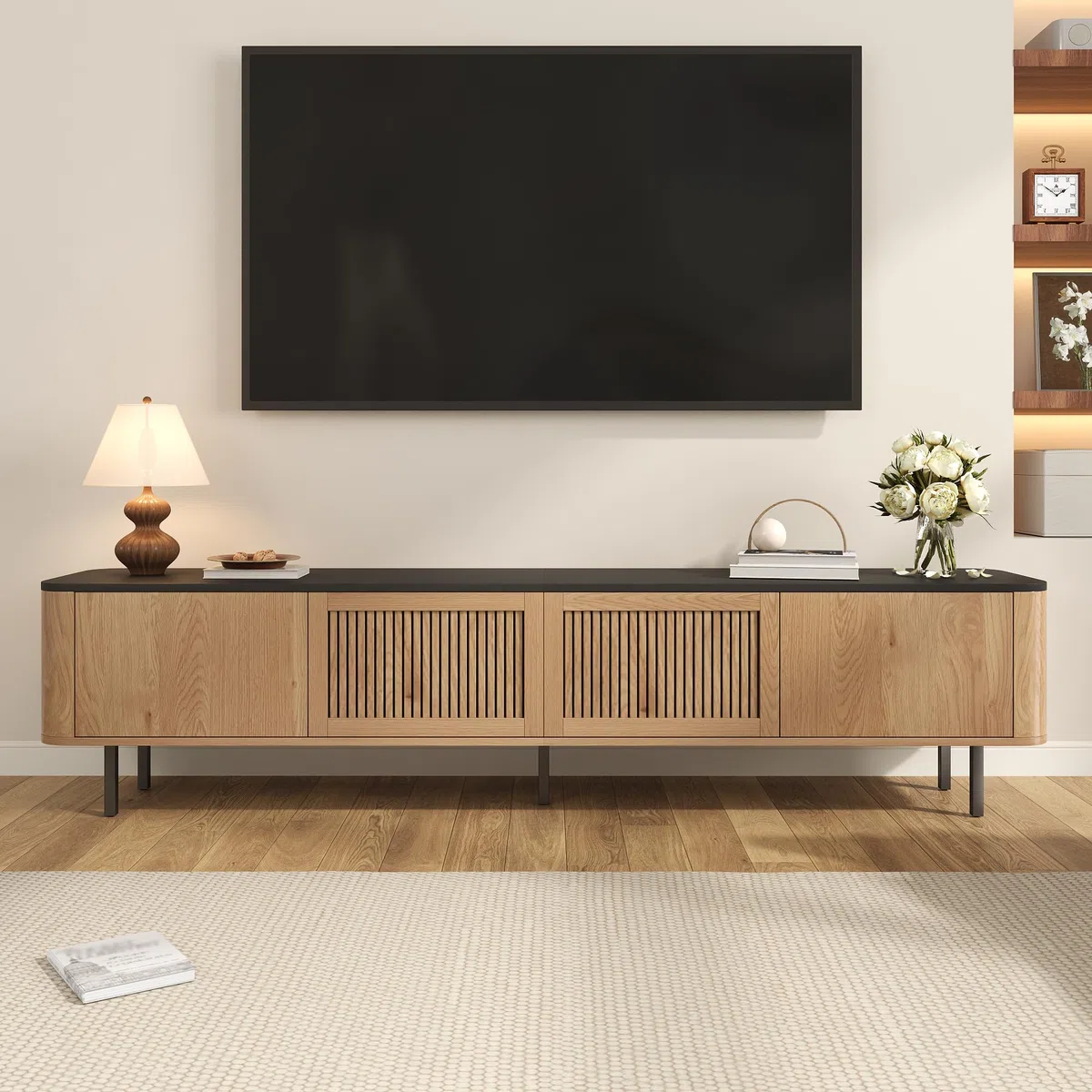 Mobile TV in rovere unico, 190 x 35 x 45 cm, moderno centro di intrattenimento, soluzione elegante per soggiorno, console multimediale con ampio spazio per TV e accessori