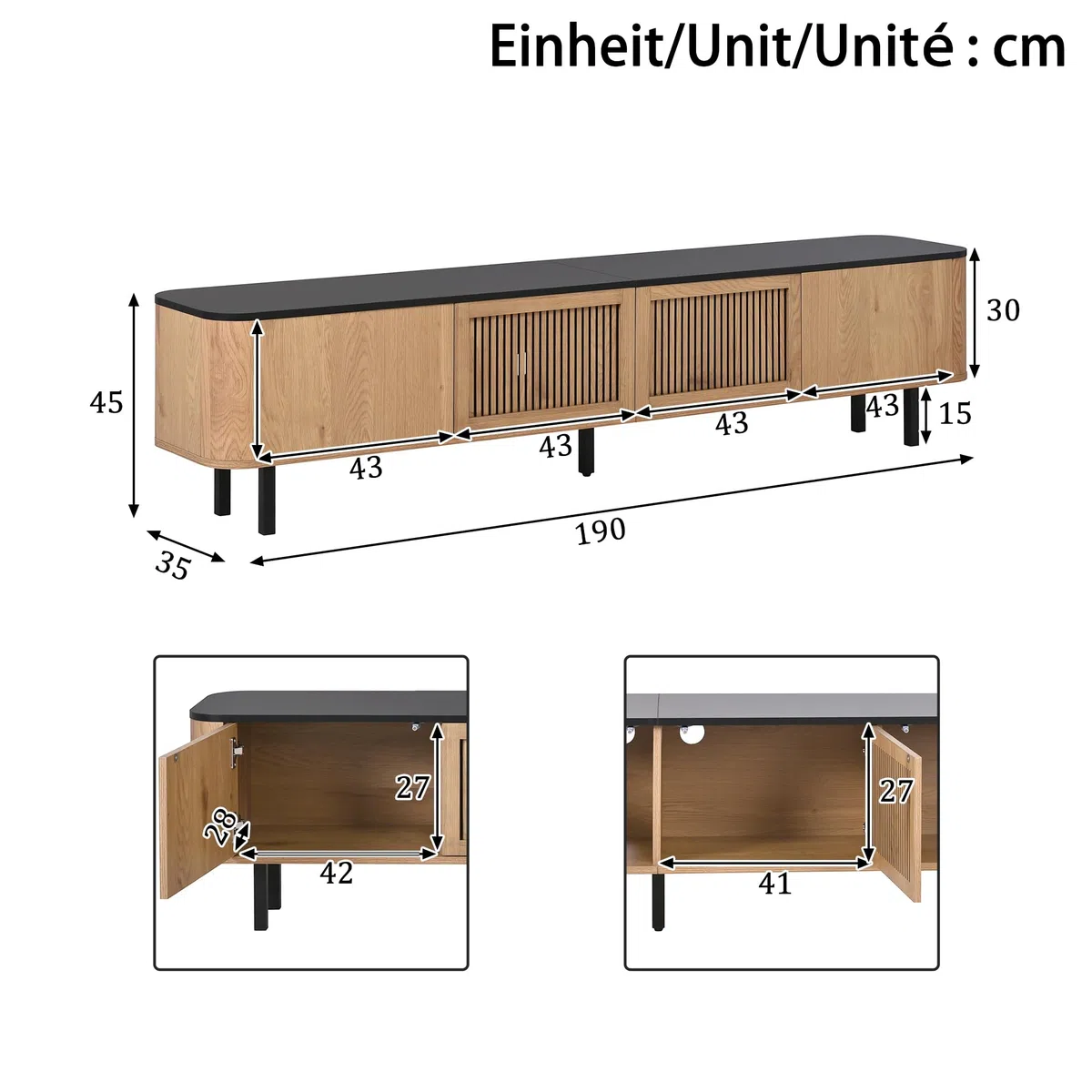 Mobile TV in rovere unico, 190 x 35 x 45 cm, moderno centro di intrattenimento, soluzione elegante per soggiorno, console multimediale con ampio spazio per TV e accessori