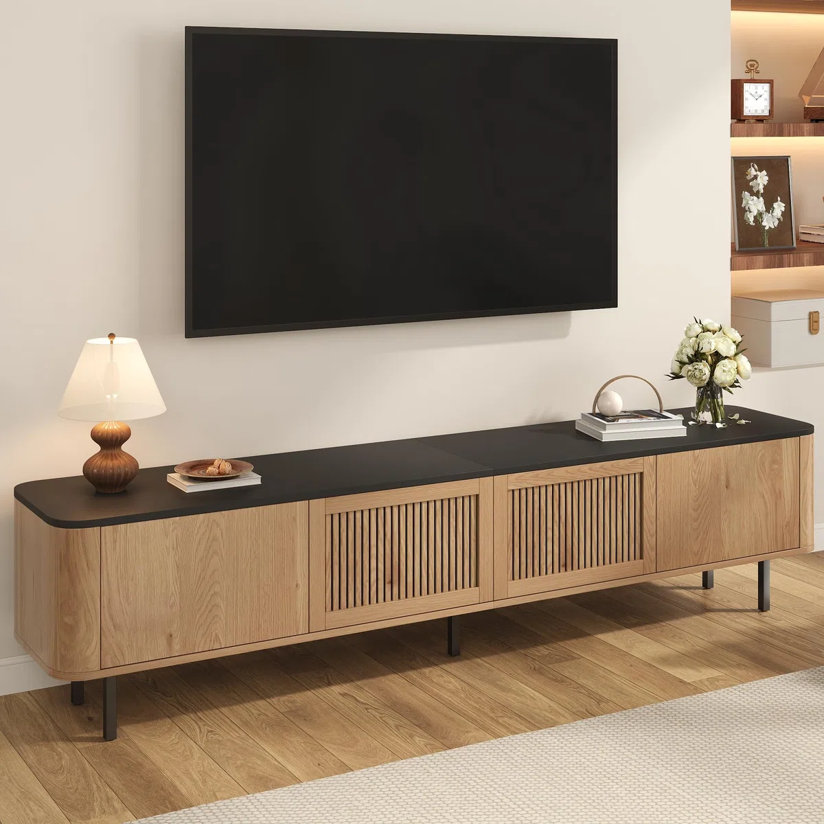 Mobile TV in rovere unico, 190 x 35 x 45 cm, moderno centro di intrattenimento, soluzione elegante per soggiorno, console multimediale con ampio spazio per TV e accessori