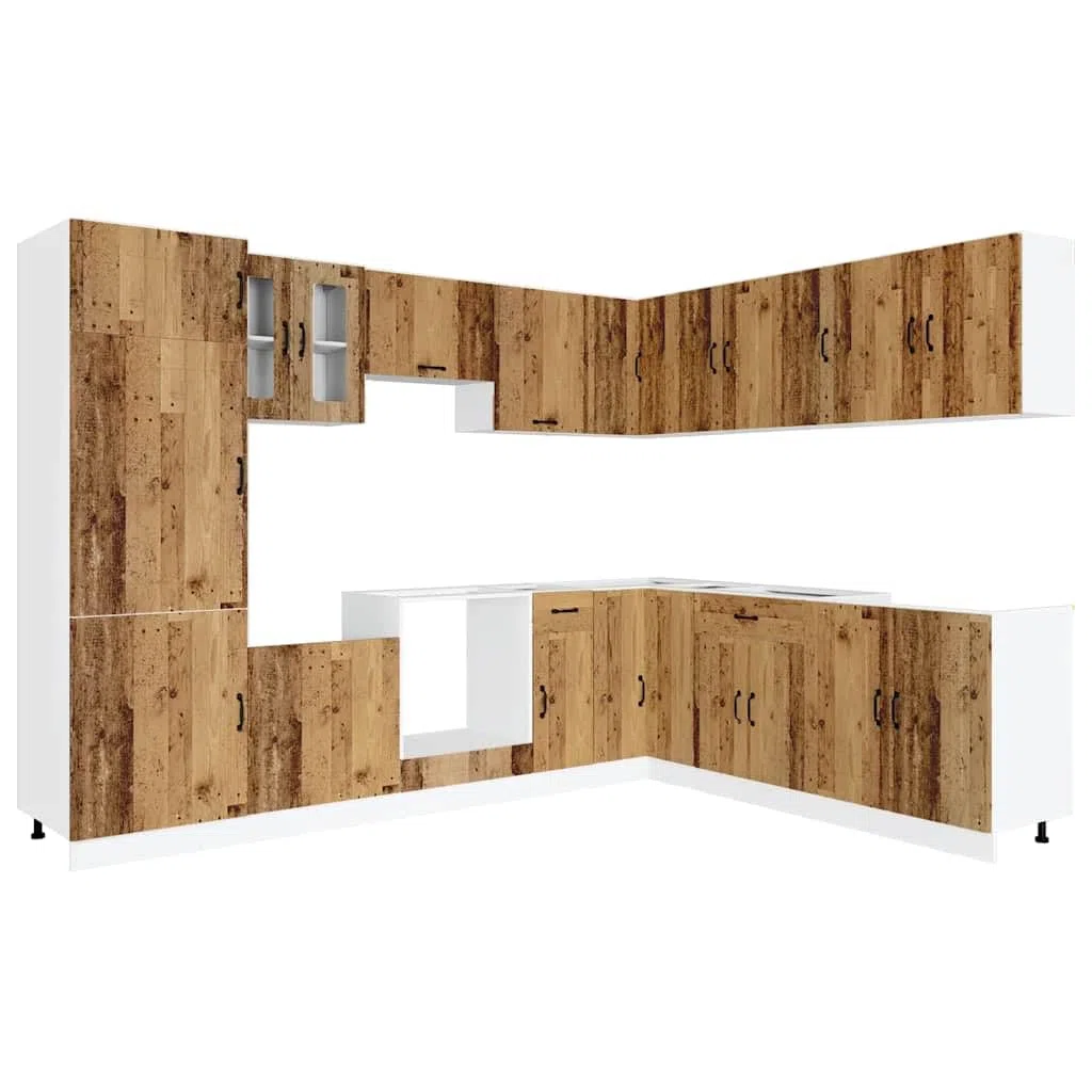 Set di 14 mobili da cucina Kalmar in effetto legno anticato, set di mobili da cucina modulari in legno, cucina completa con armadio ad angolo, pensile e armadio alto