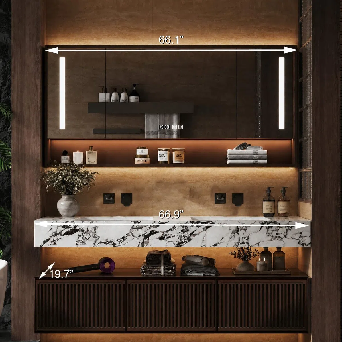 Lavandino sospeso da 172,7 cm, design moderno da parete, con specchio LED antiappannamento e display dell'ora, porte a chiusura rallentata, completamente assemblato per grandi bagni