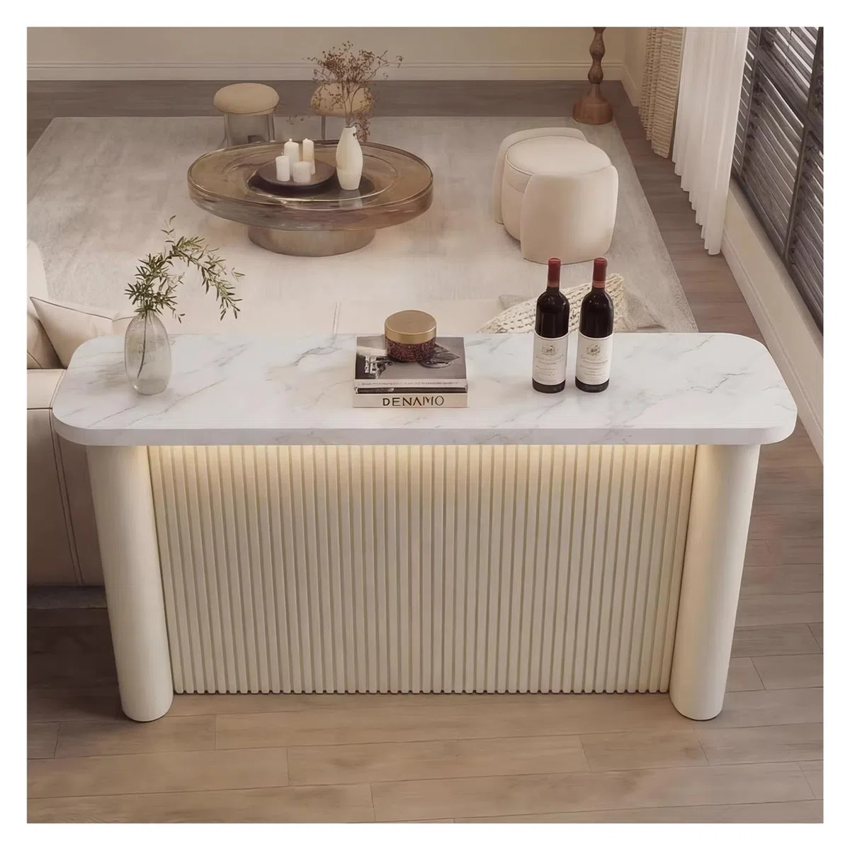 Zephyria Mobile da cucina con cassetti, Tavolo Da Bar Cucina Isola Piano In Pietra Sinterizzata Corpo Scanalato Struttura In Acciaio, per bancone della cucina, soggiorno, ingresso(White,L)