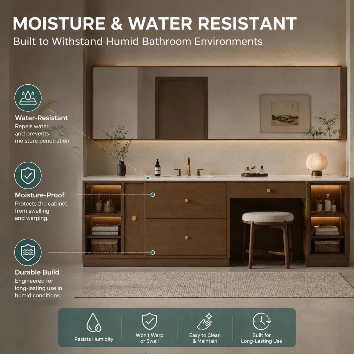 Vanità da bagno indipendente da 80 pollici con area trucco | moderno armadio in legno massello | lavabo singolo | specchio anti-appannamento | design personalizzabile | elegante set da bagno