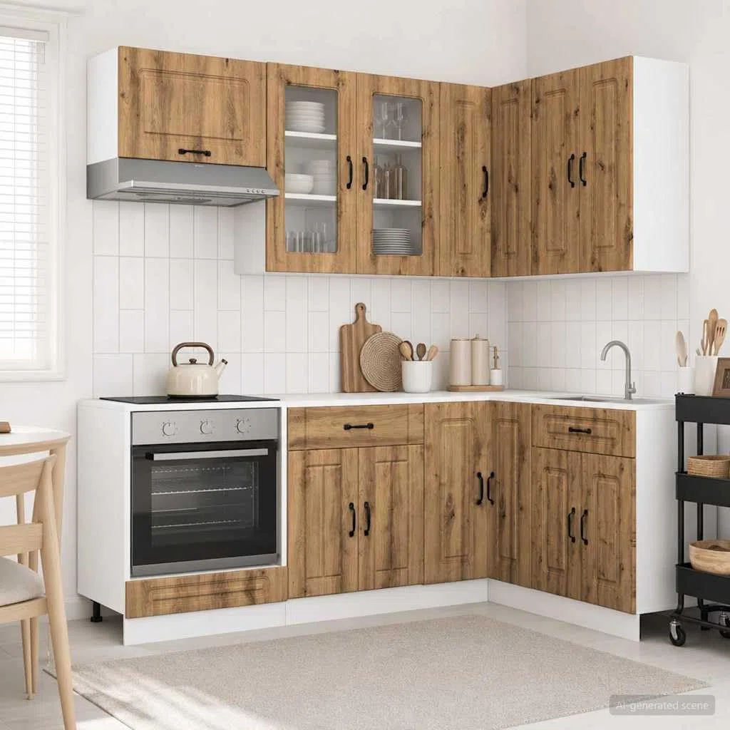 Kalmar - Set di 8 mobili da cucina in legno di quercia Artisan, soluzione di archiviazione moderna, versatile, stabile, contemporaneo, per cucina, sala da pranzo