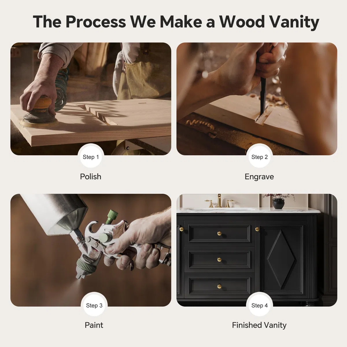 Vanity - Mobile da bagno di ispirazione francese con specchio LED Smart Defog in legno massello, lavabo singolo/doppio, design elegante per bagni moderni, soluzione salvaspazio