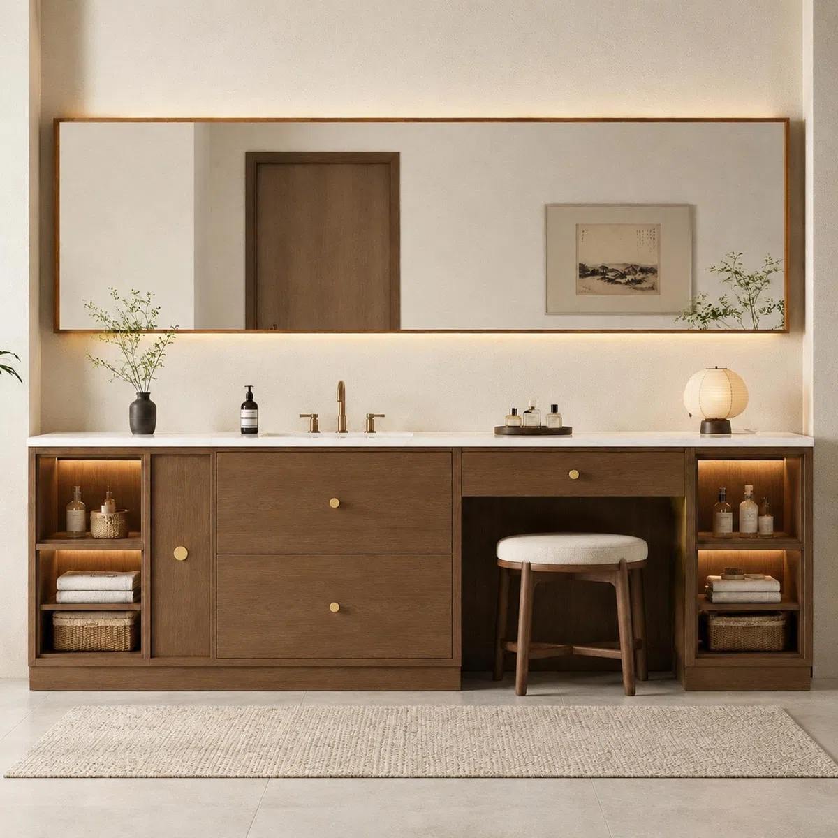 Vanità da bagno indipendente da 80 pollici con area trucco | moderno armadio in legno massello | lavabo singolo | specchio anti-appannamento | design personalizzabile | elegante set da bagno